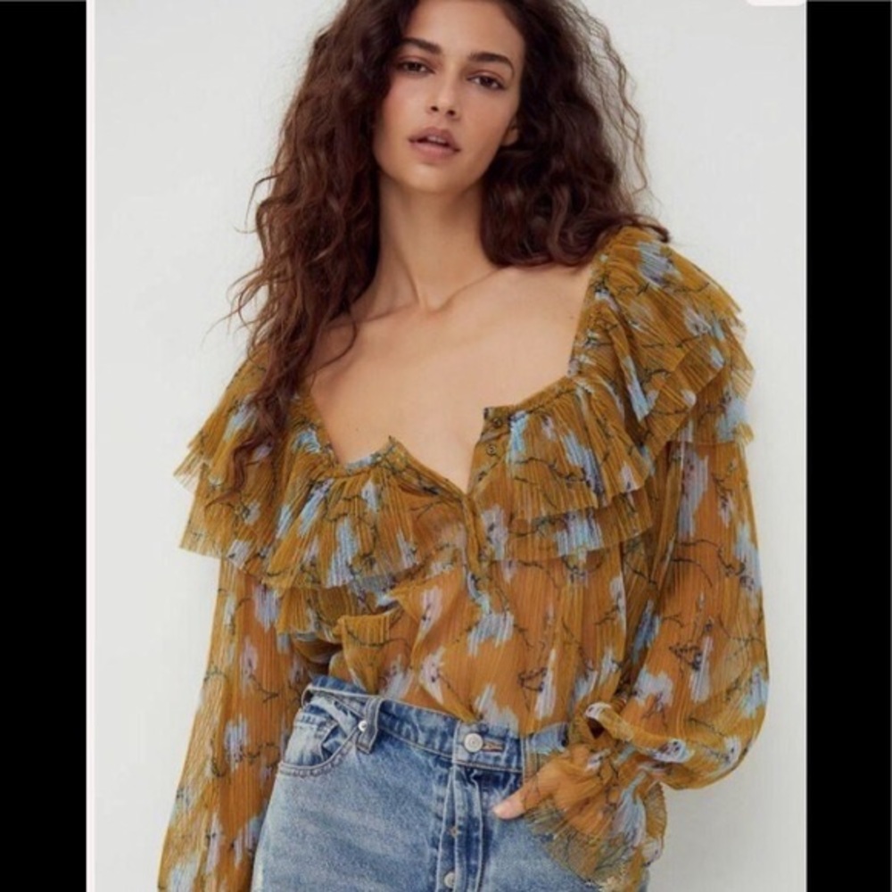 Free People Frills and Thrills Sheer Cropped Blouse
